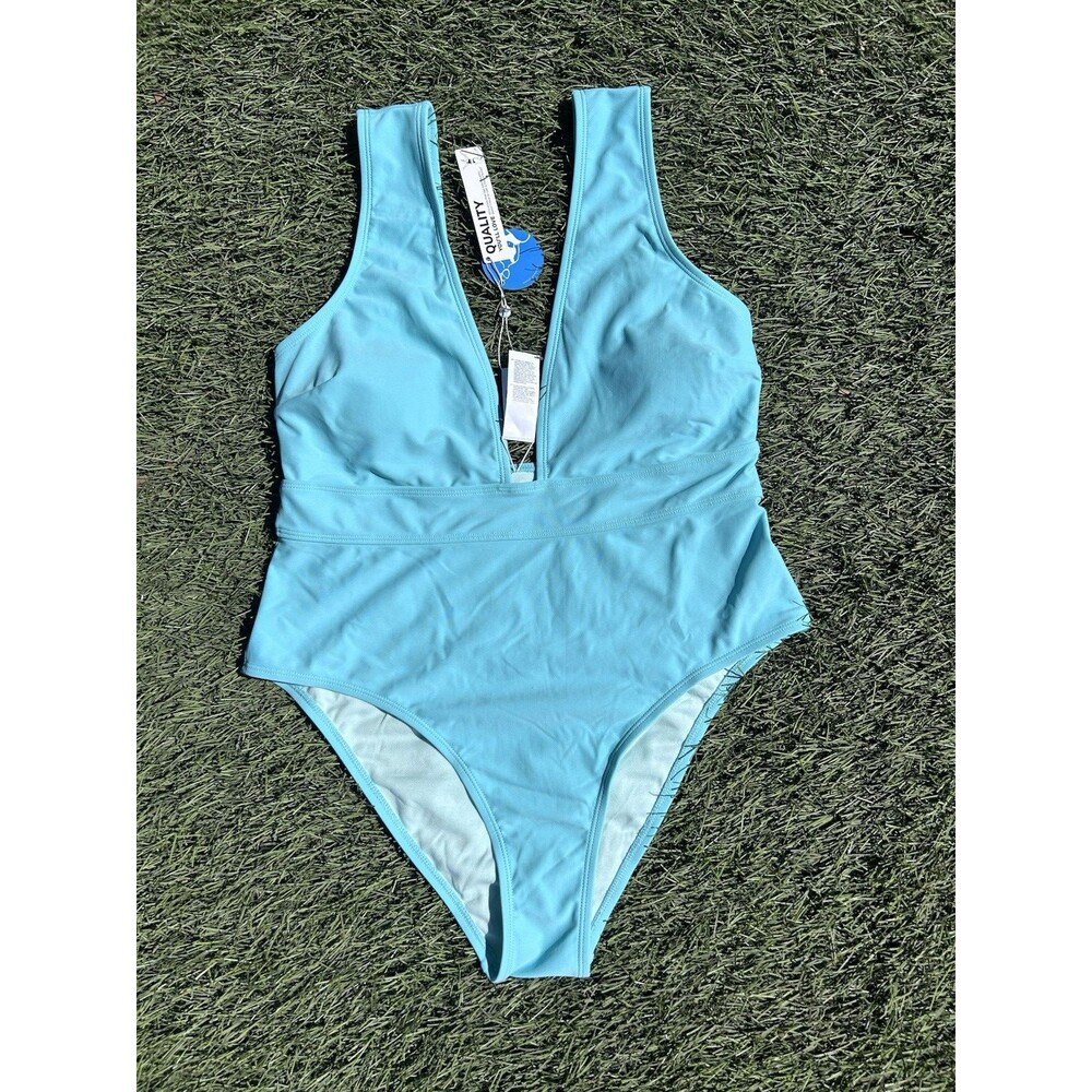 Cupshe One Piece Swimsuit Womens L Aqua Blue Scoop Neck Open Back NWT